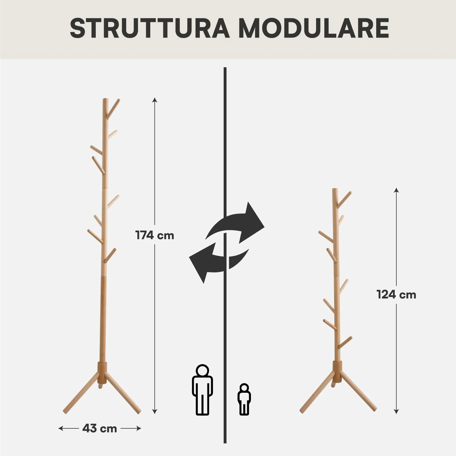 Appendiabiti in legno naturale, 8 ganci, modulare, 174 cm - Image 6