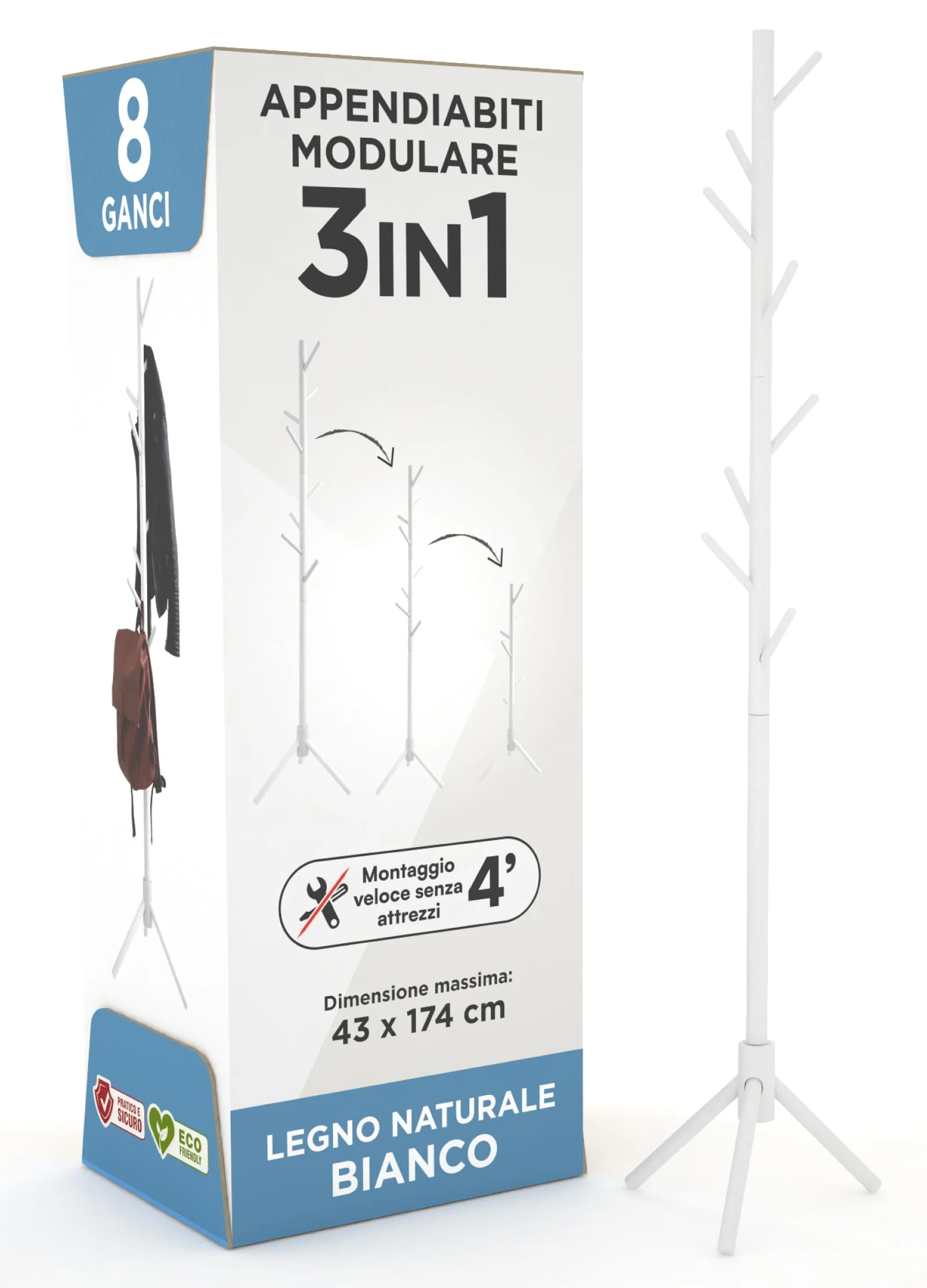 Appendiabiti in legno naturale, 8 ganci, modulare, 174 cm - Image 7