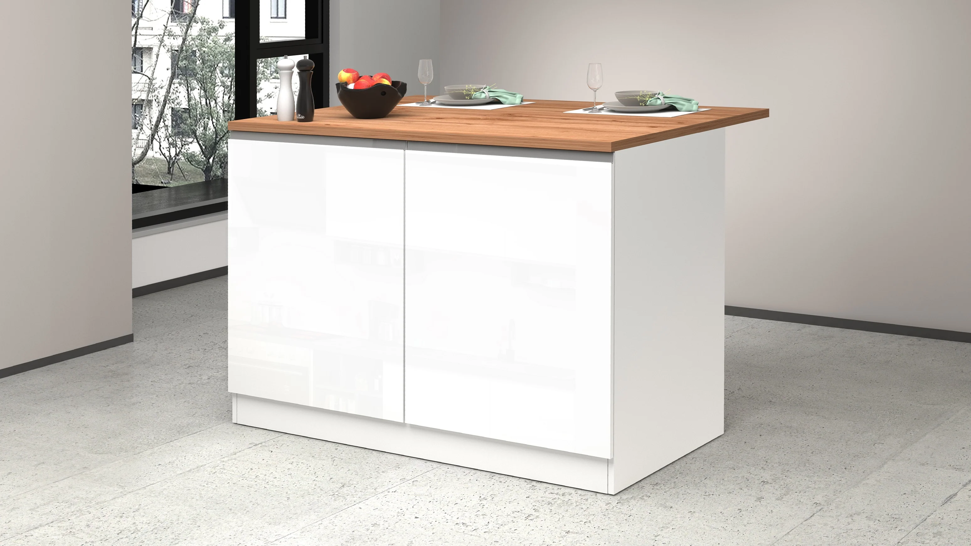 Isola Cucina SOLE 2 Ante – Bianco lucido/Rovere 125x90x90 cm, Made in Italy