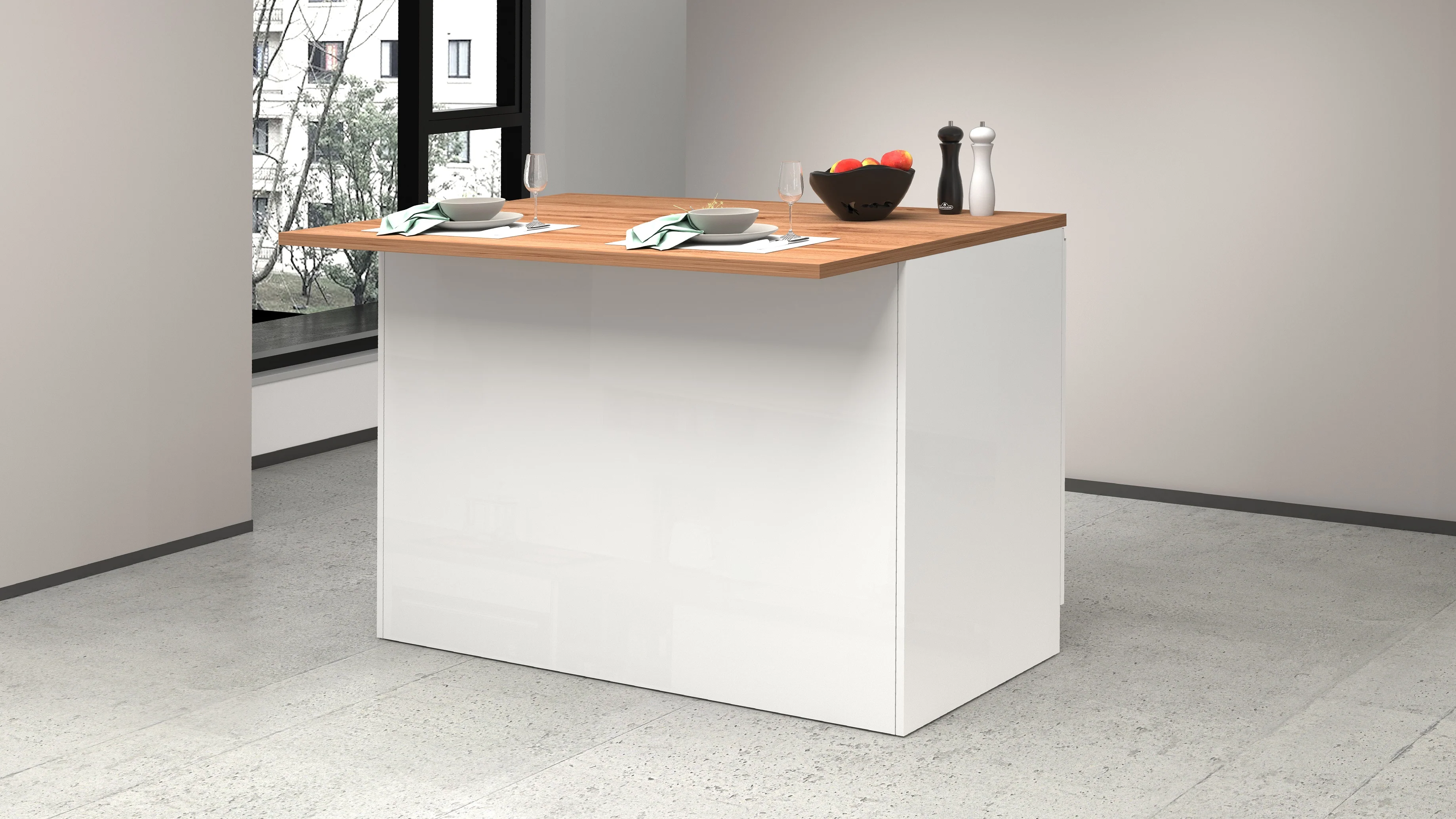 Isola Cucina SOLE 2 Ante – Bianco lucido/Rovere 125x90x90 cm, Made in Italy - Image 2