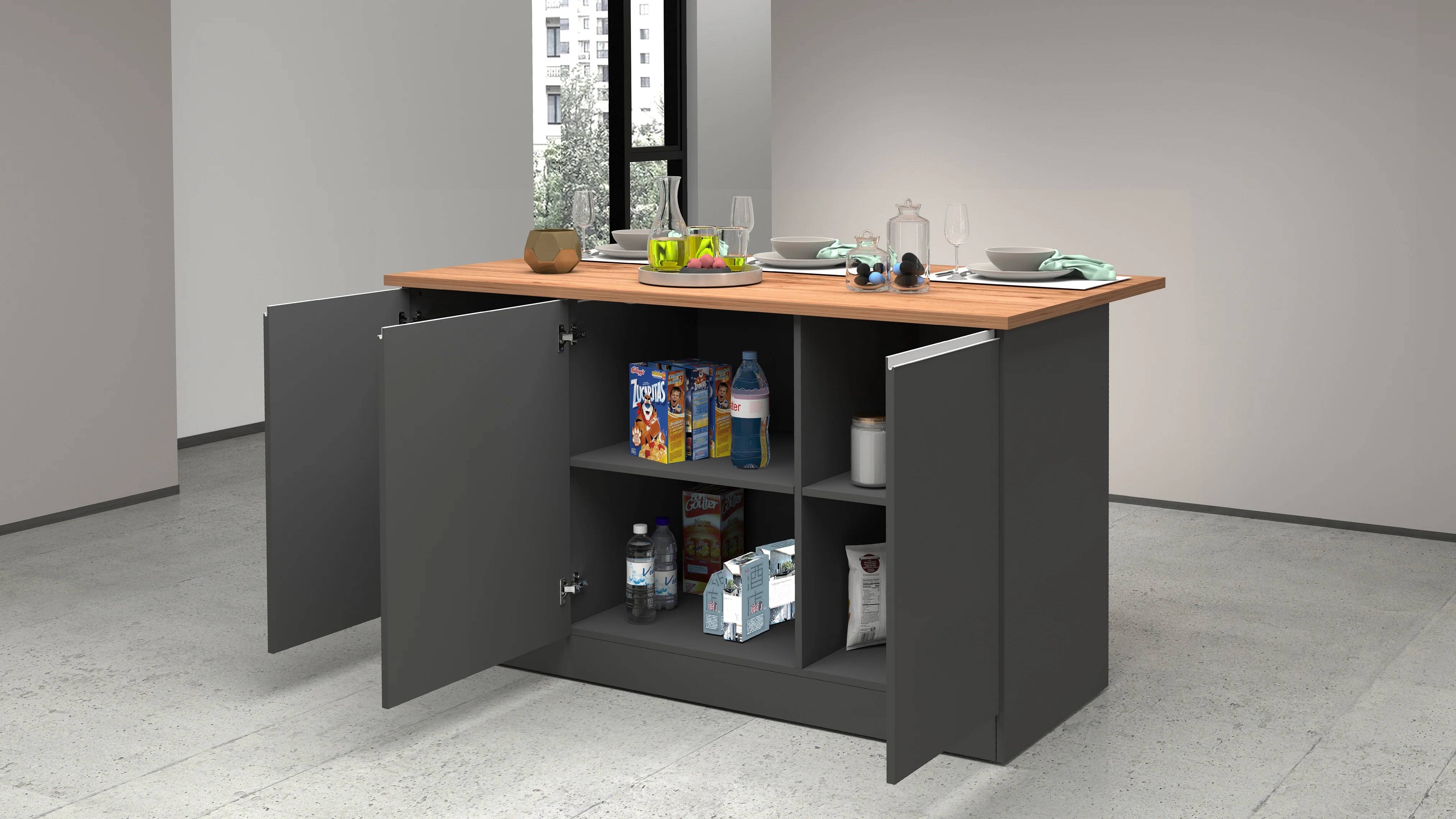 Isola Cucina SOLE 3 Ante – Antracite/Rovere Wotan, 155x90x90 cm, Made in Italy - Image 2