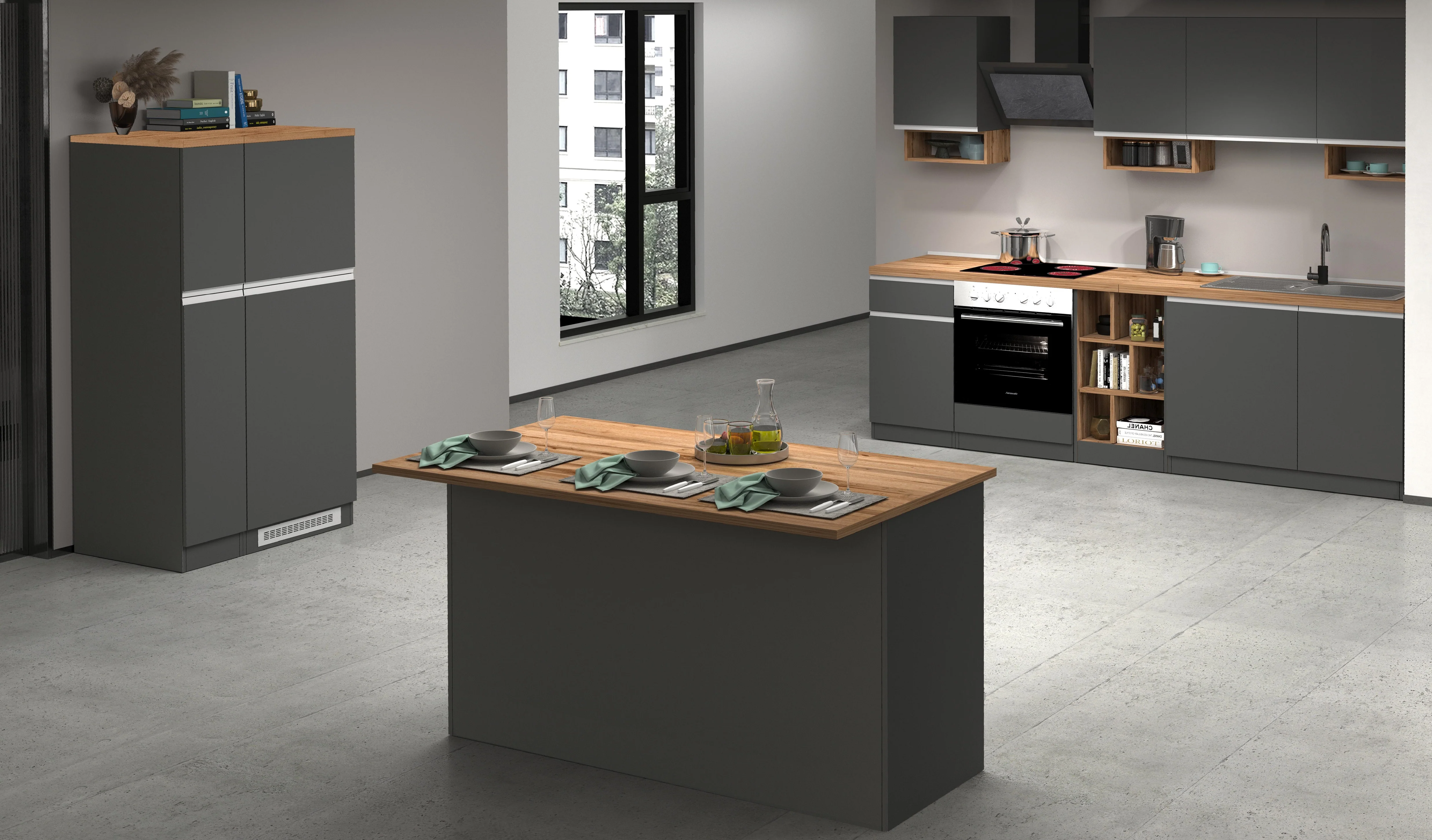 Isola Cucina SOLE 3 Ante – Antracite/Rovere Wotan, 155x90x90 cm, Made in Italy - Image 8