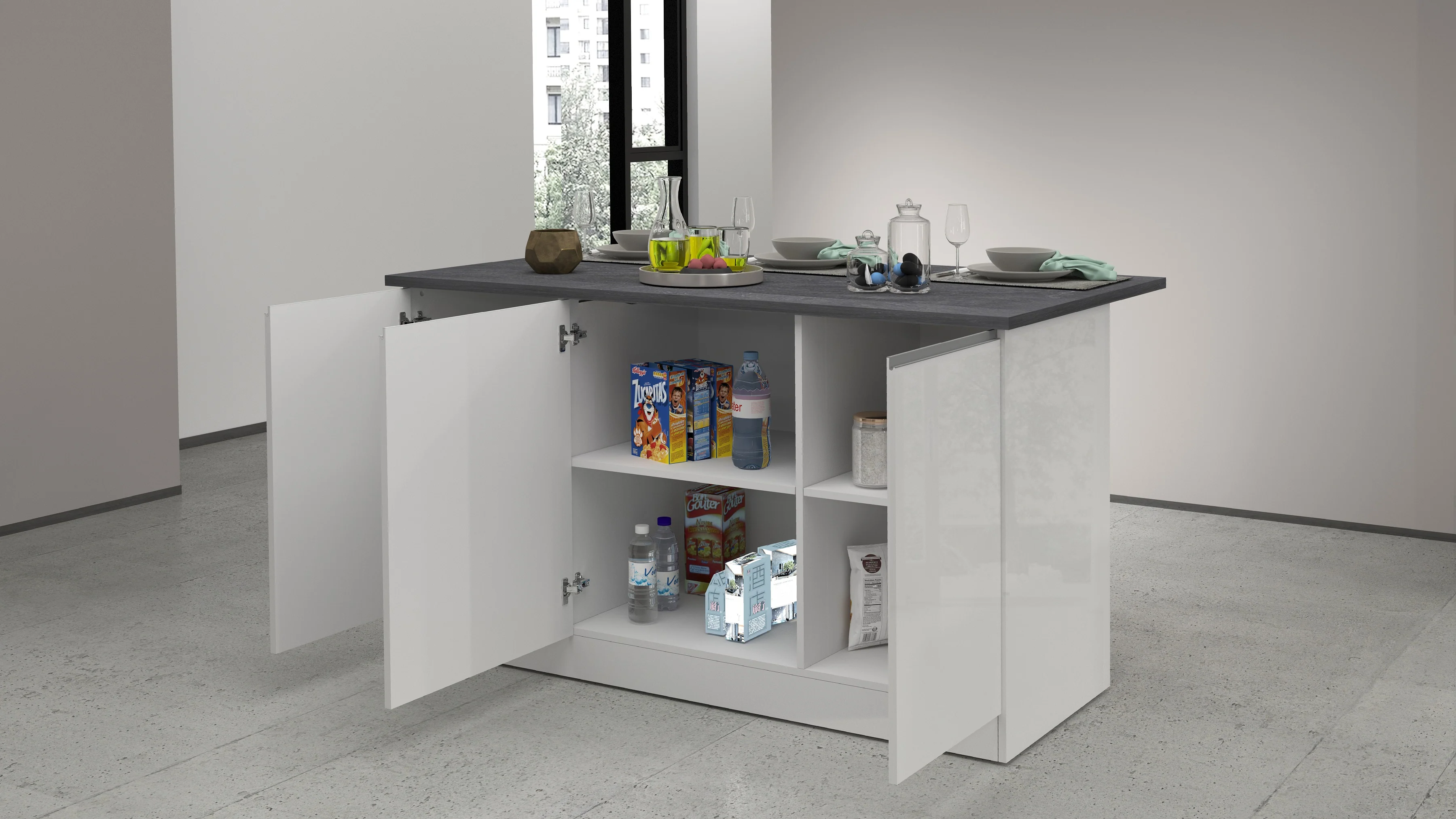 Isola Cucina SOLE 3 Ante – Bianco Lucido/Report, 155x90x90 cm, Made in Italy - Image 2