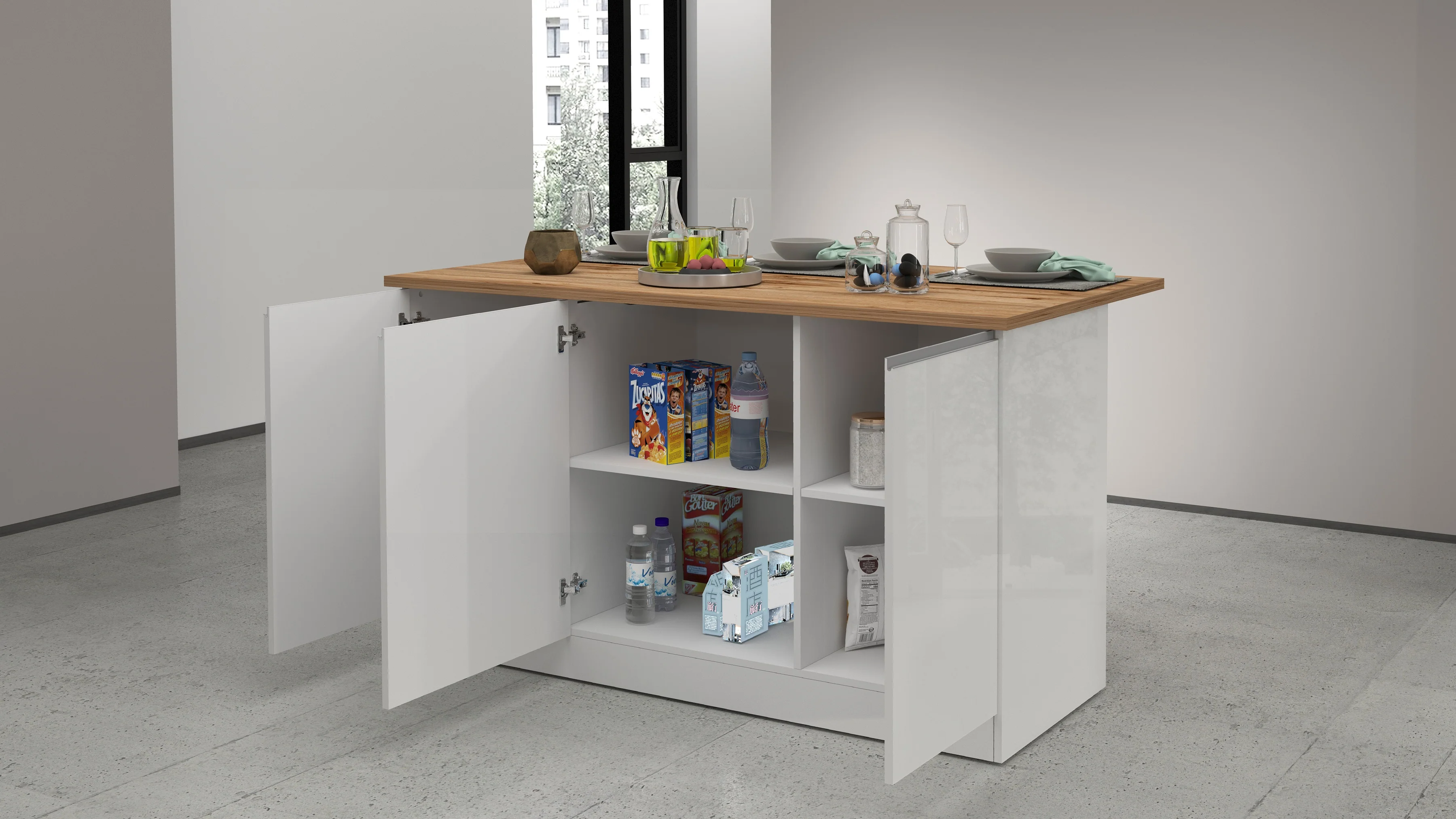 Isola Cucina SOLE 3 Ante – Bianco Lucido/Rovere, 155x90x90 cm, Made in Italy - Image 2