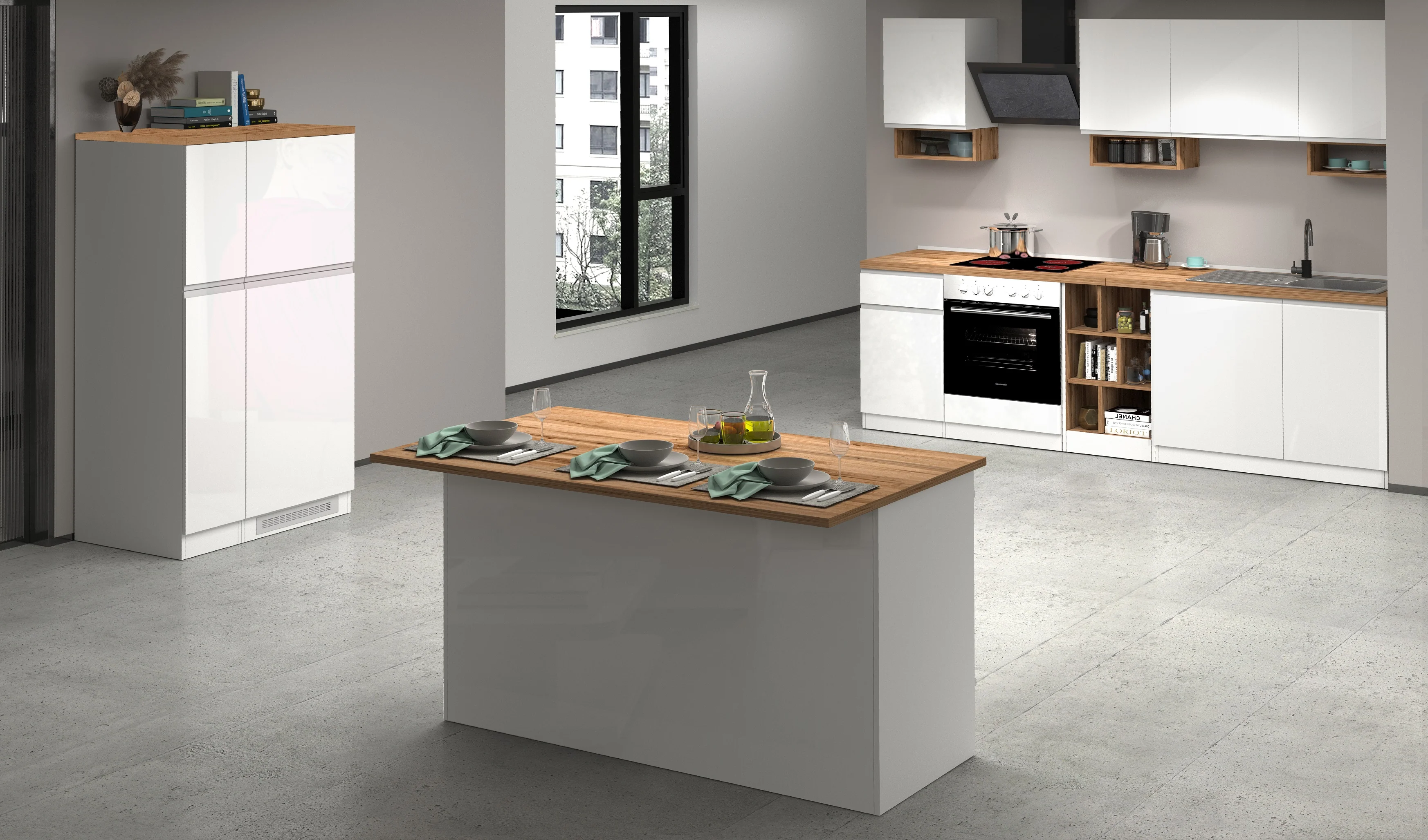 Isola Cucina SOLE 3 Ante – Bianco Lucido/Rovere, 155x90x90 cm, Made in Italy - Image 8