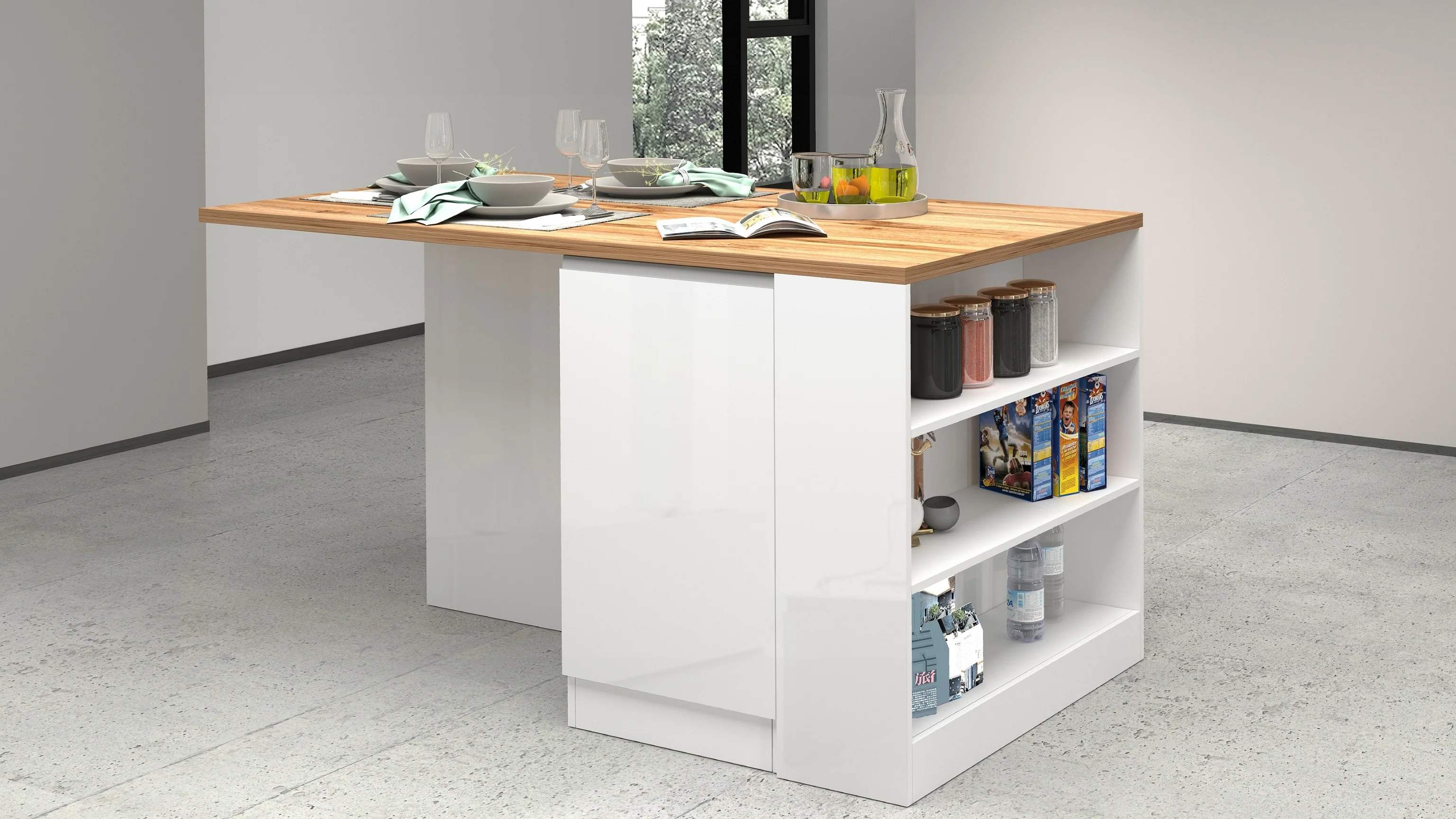 Isola Cucina SOLE 2 Ante – Bianco lucido/Rovere 160x90x90 cm, Made in Italy - Image 2