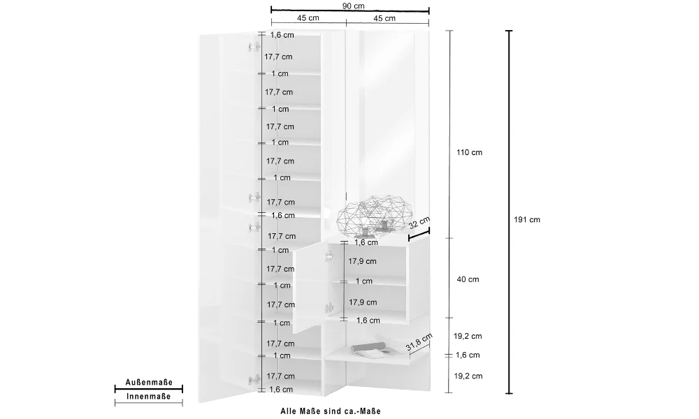 Set Ingresso Moderno KOMPACT 2 Pezzi – 90x35x191 cm, Specchio e 10 Ripiani - Image 2