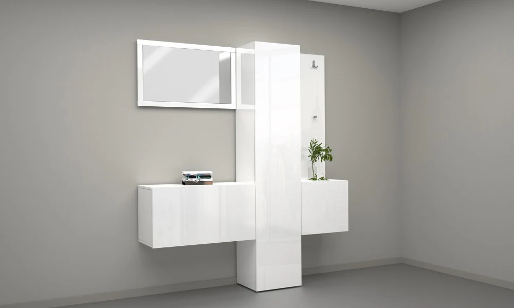 Set Ingresso Moderno KOMPACT 4 Pezzi – 170x35x191 cm, Specchio e 11 Ripiani
