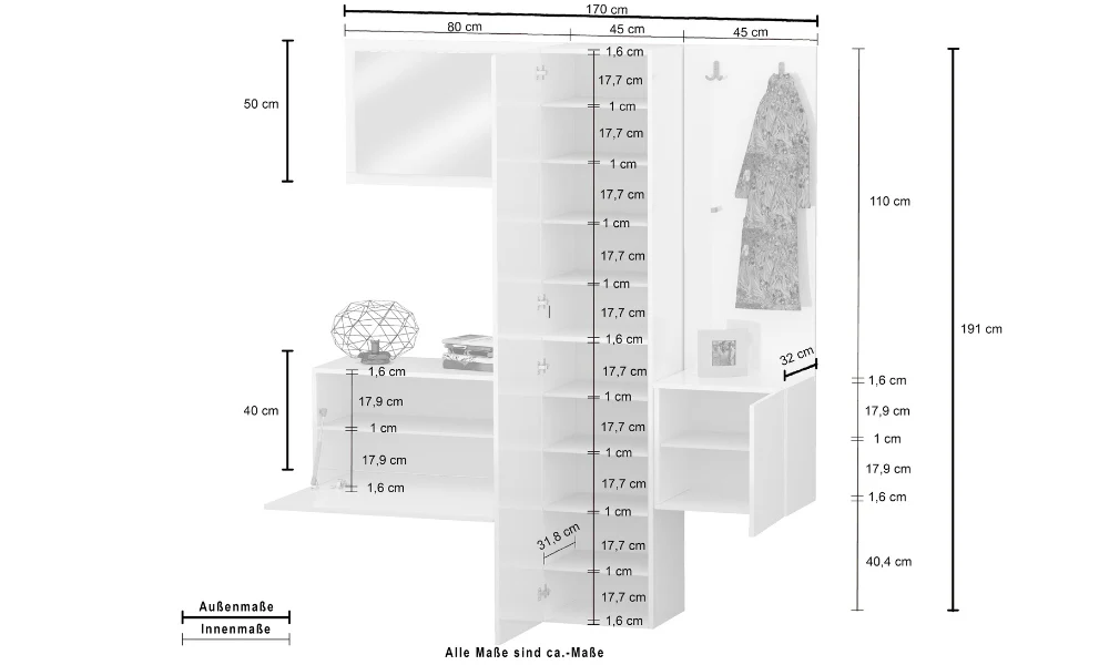 Set Ingresso Moderno KOMPACT 4 Pezzi – 170x35x191 cm, Specchio e 11 Ripiani - Image 4