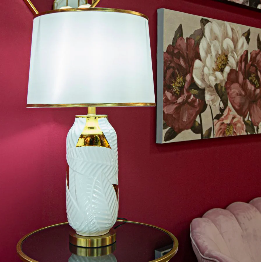 Lampada da tavolo in ceramica elegante con paralume bianco e dorato cm ø 40x70 - Image 5