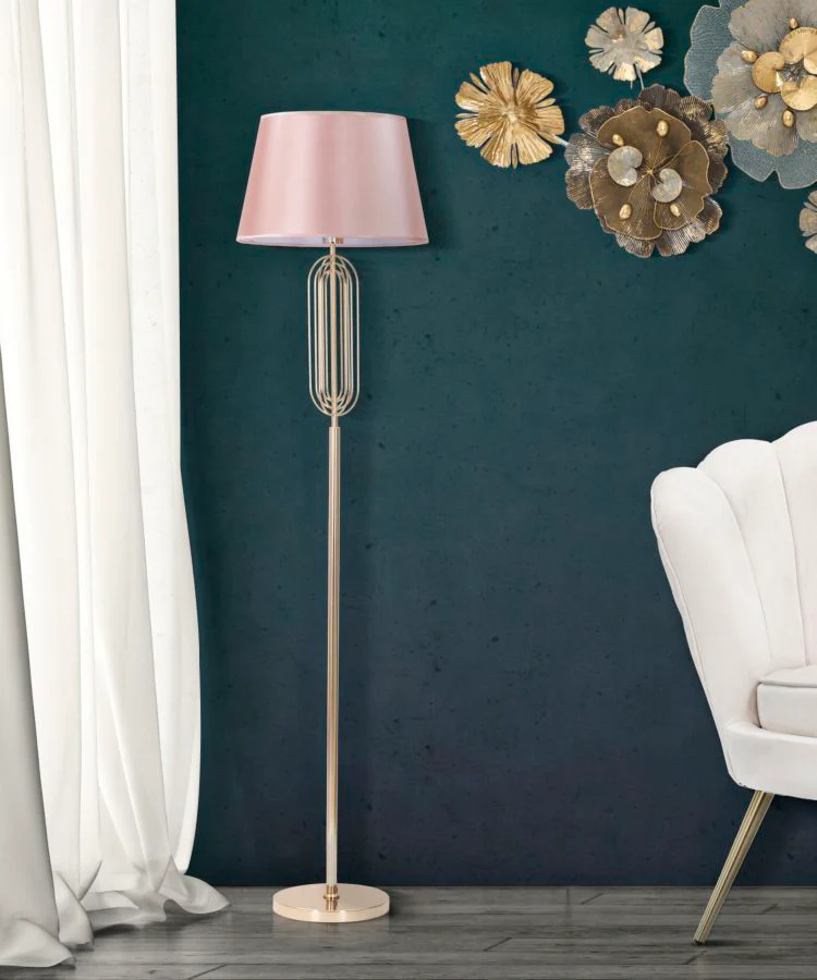 Lampada da Terra Ovy con Paralume Rosa e Struttura Dorata, Ø 40 cm x 168,5 cm - Image 5