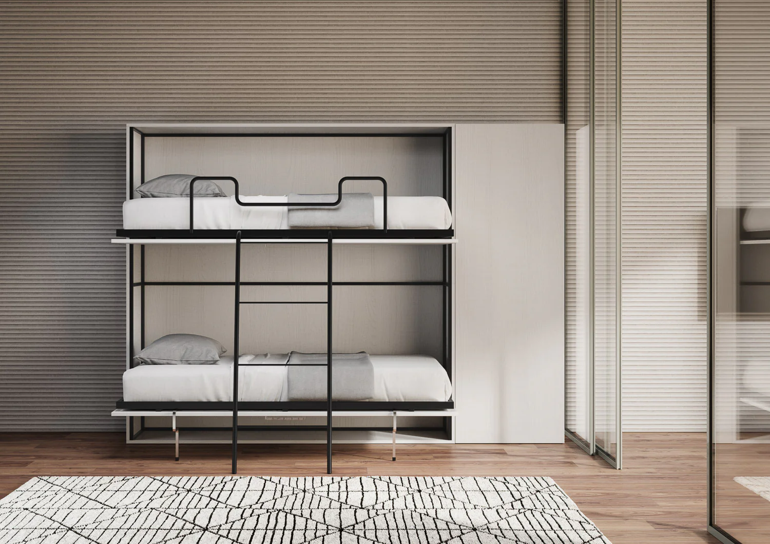 Letto a scomparsa doppio orizzontale Kando con materassi e composizioni in Bianco Frassino - Image 4