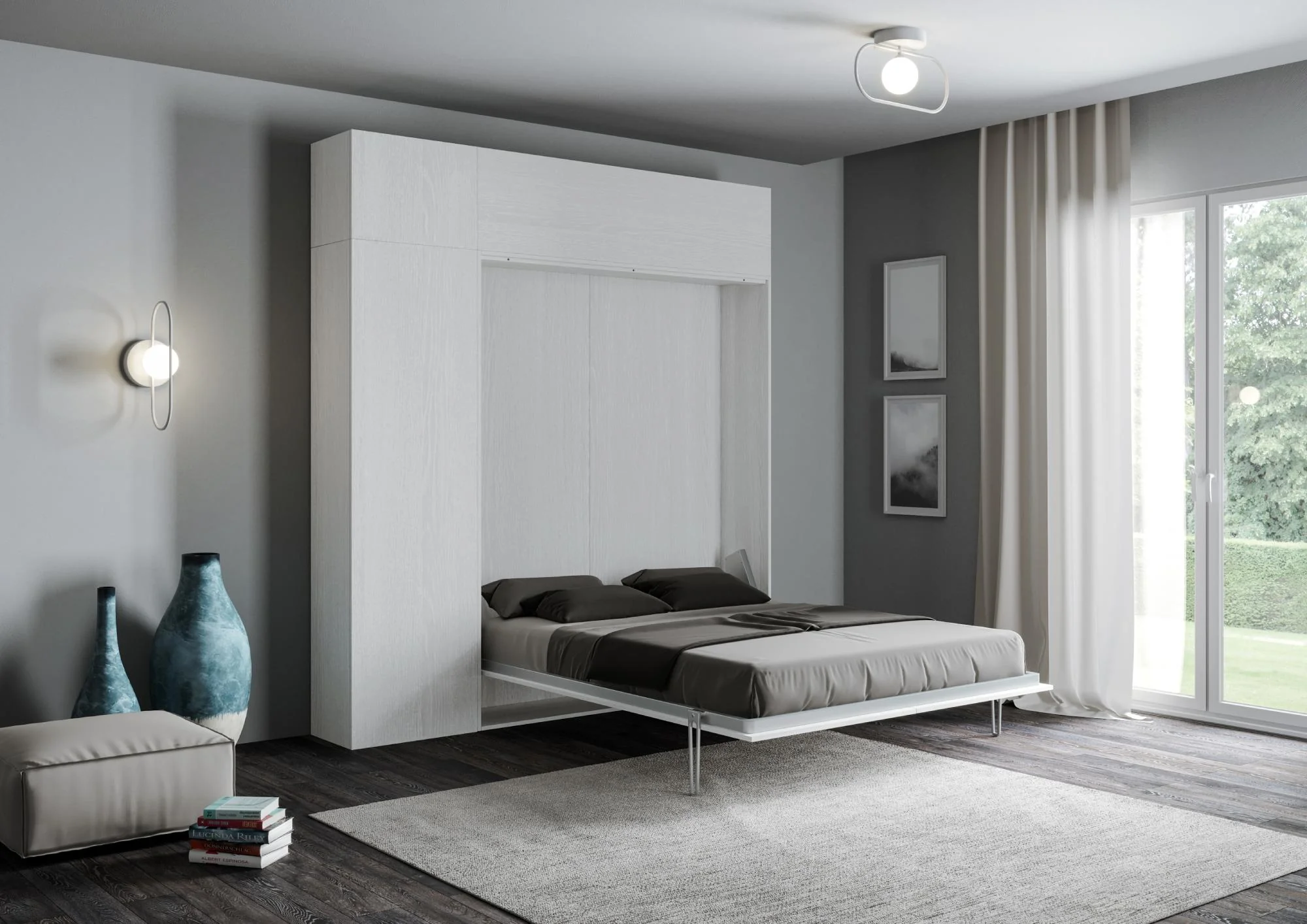 Letto matrimoniale francese a scomparsa 140 verticale Kentaro con colonna e pensili - Image 36