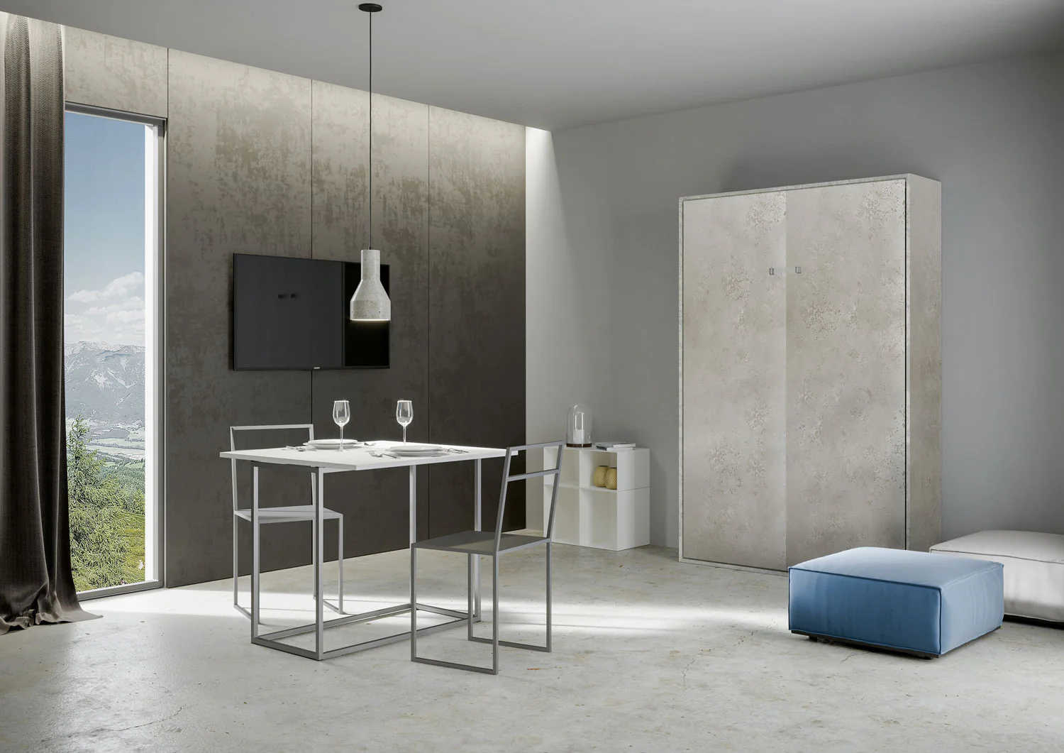 Letto matrimoniale francese a scomparsa 140 verticale Kentaro con colonna e pensili - Image 5