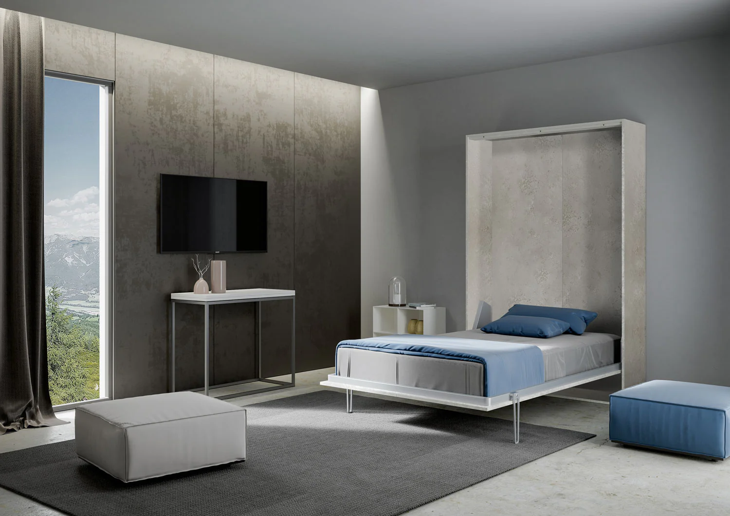Letto matrimoniale francese a scomparsa 140 verticale Kentaro con colonna e pensili - Image 6