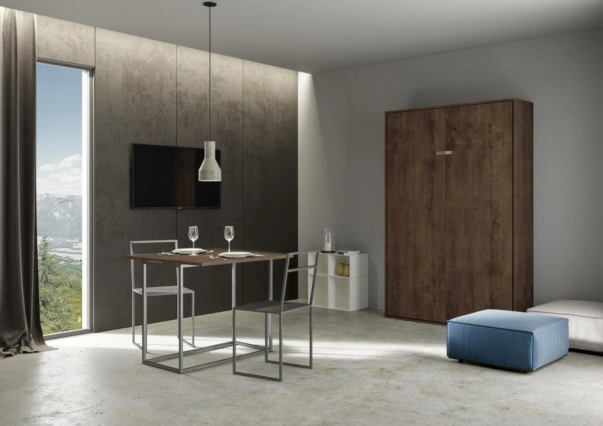 Letto matrimoniale francese a scomparsa 140 verticale Kentaro con colonna e pensili - Image 8