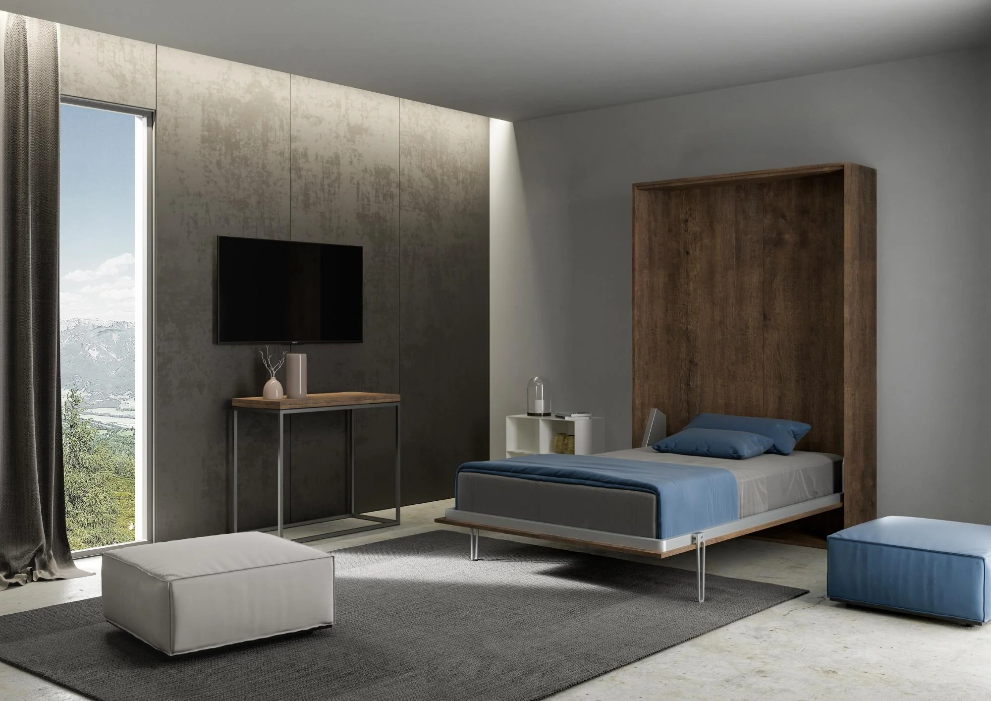 Letto matrimoniale francese a scomparsa 140 verticale Kentaro con colonna e pensili - Image 9