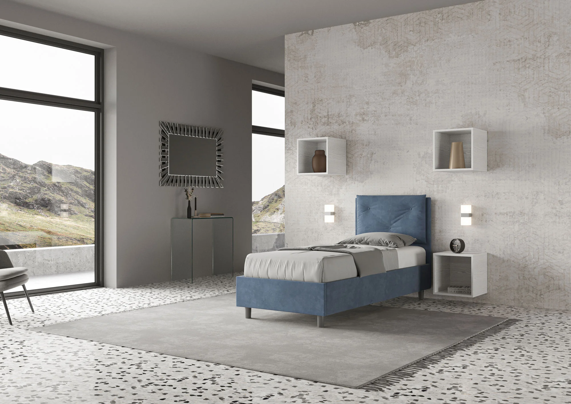 Letto singolo imbottito 80x190 microfibra Appia senza rete, con rete e contenitore - Image 11
