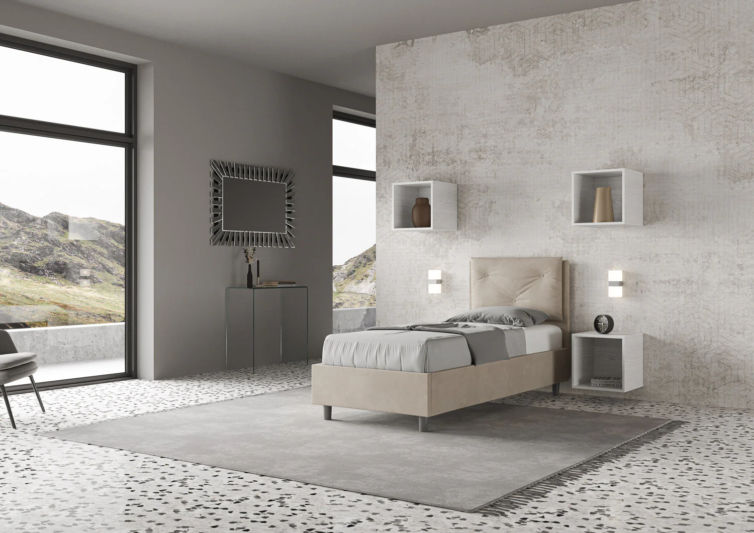 Letto singolo imbottito 80x190 microfibra Appia senza rete, con rete e contenitore - Image 16