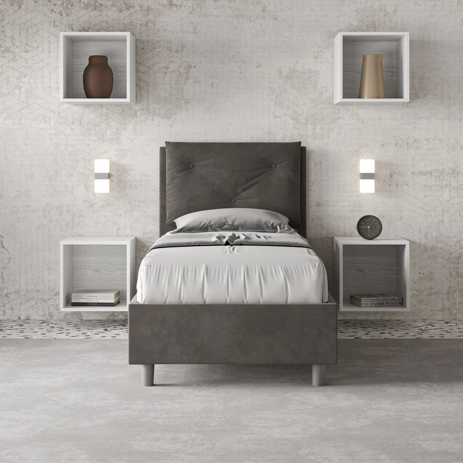 Letto singolo imbottito 80x190 microfibra Appia senza rete, con rete e contenitore - Image 18