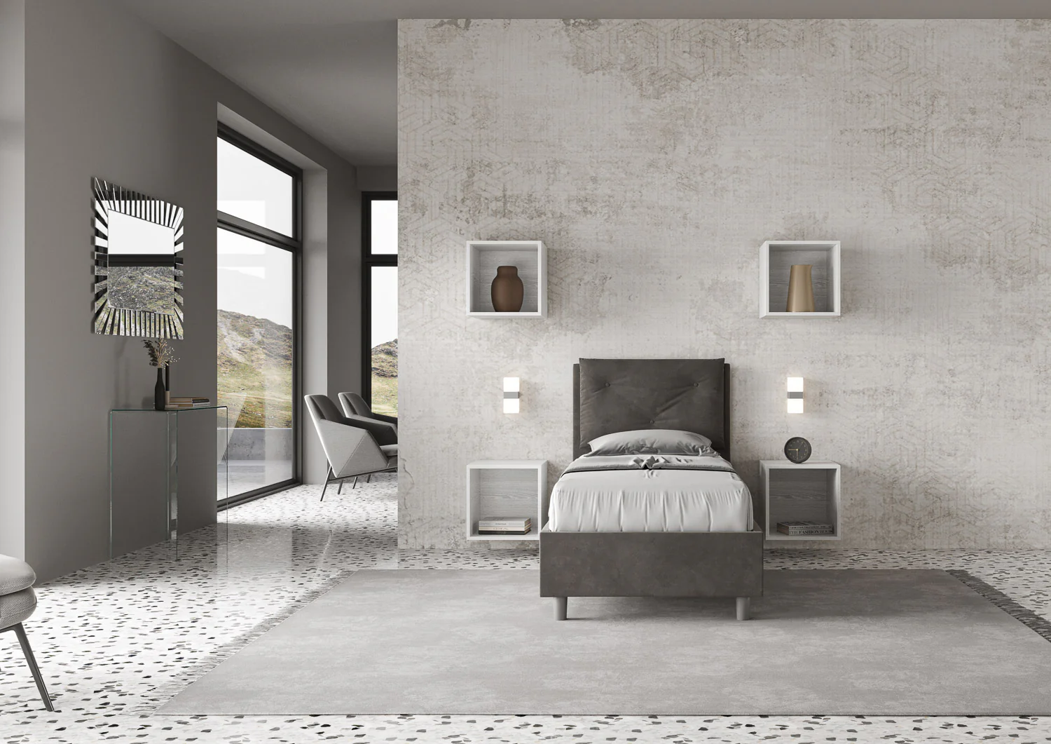 Letto singolo imbottito 80x190 microfibra Appia senza rete, con rete e contenitore - Image 19