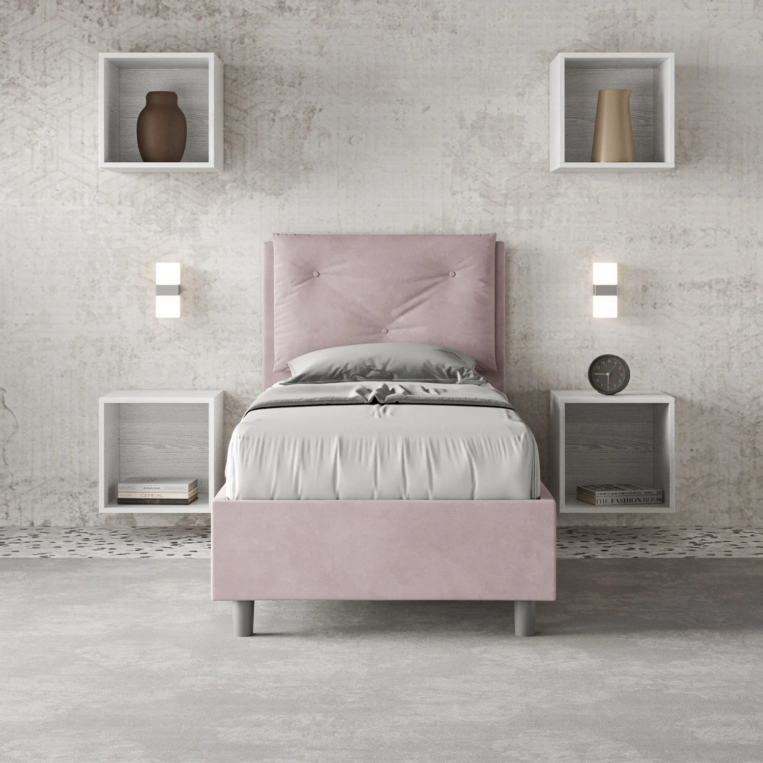 Letto singolo imbottito 80x190 microfibra Appia senza rete, con rete e contenitore - Image 2