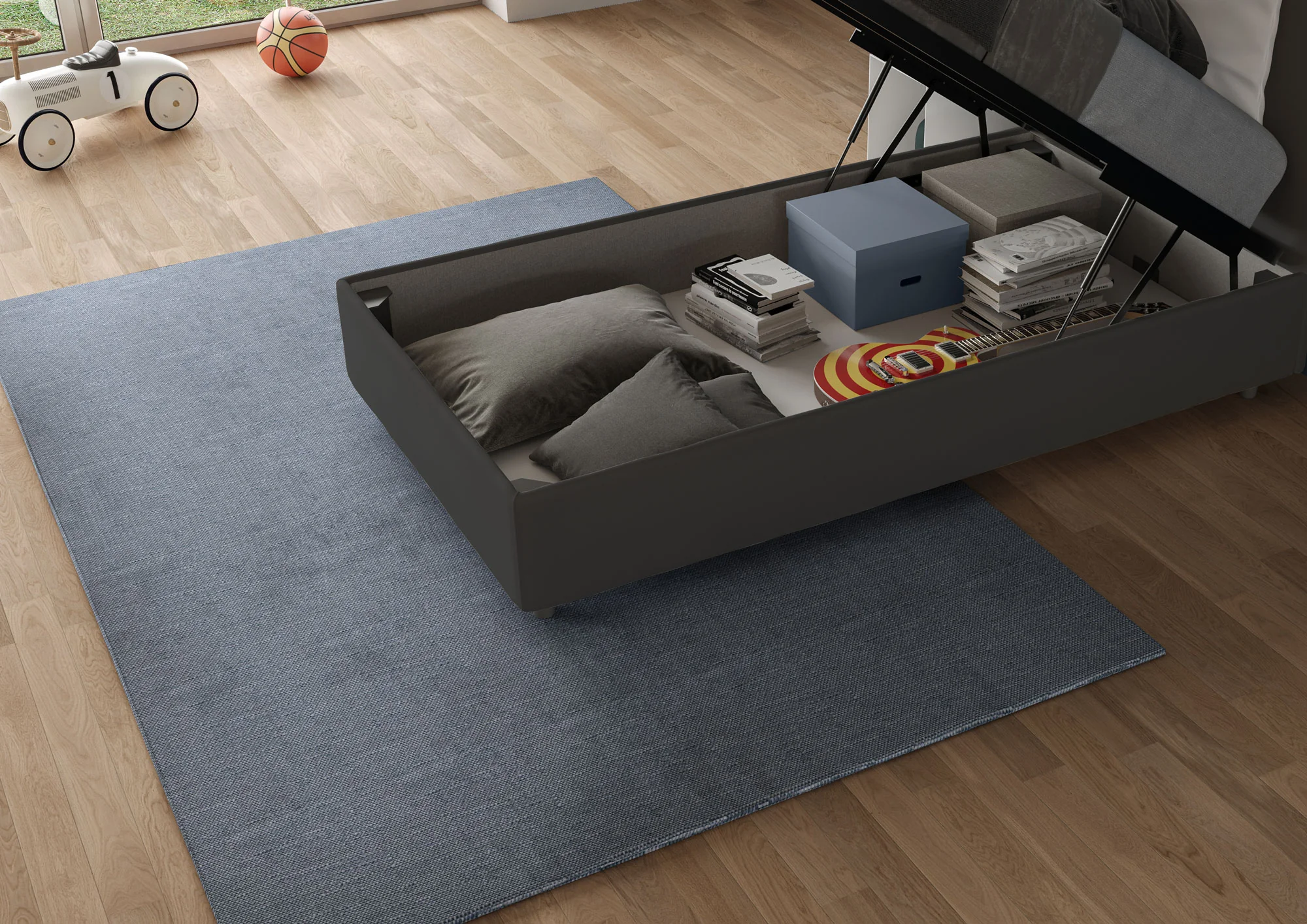 Letto singolo imbottito 80x190 microfibra Appia senza rete, con rete e contenitore - Image 24