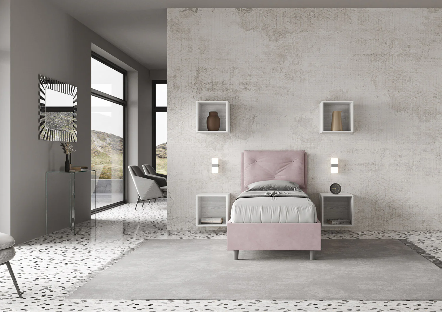 Letto singolo imbottito 80x190 microfibra Appia senza rete, con rete e contenitore - Image 3