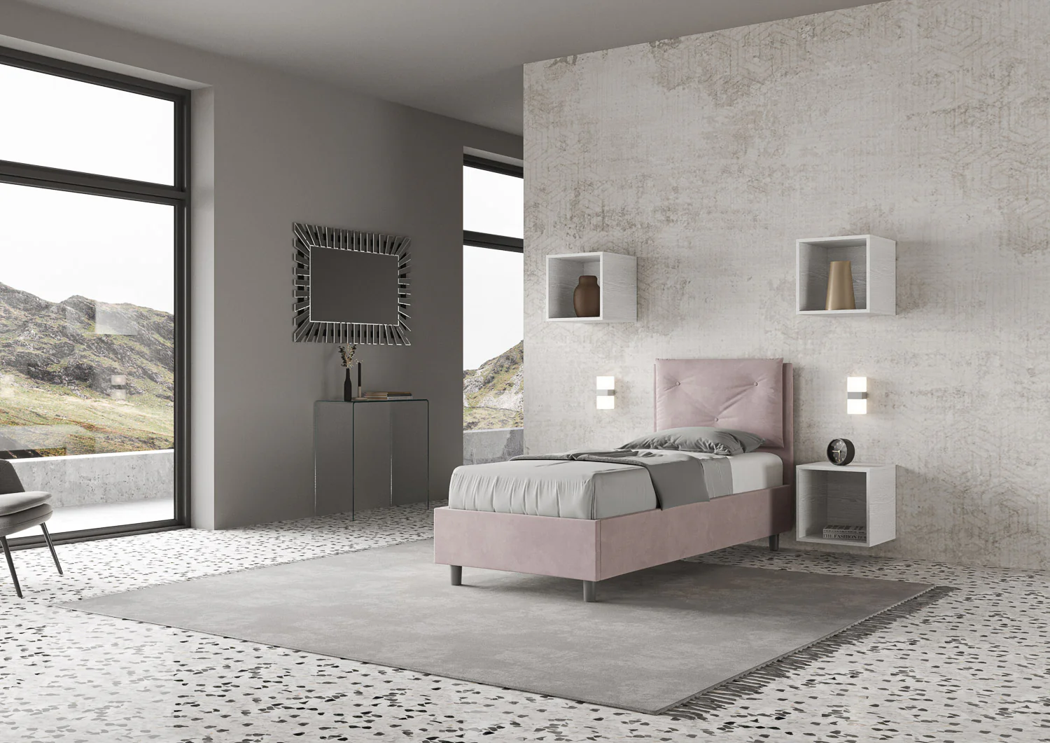 Letto singolo imbottito 80x190 microfibra Appia senza rete, con rete e contenitore - Image 4