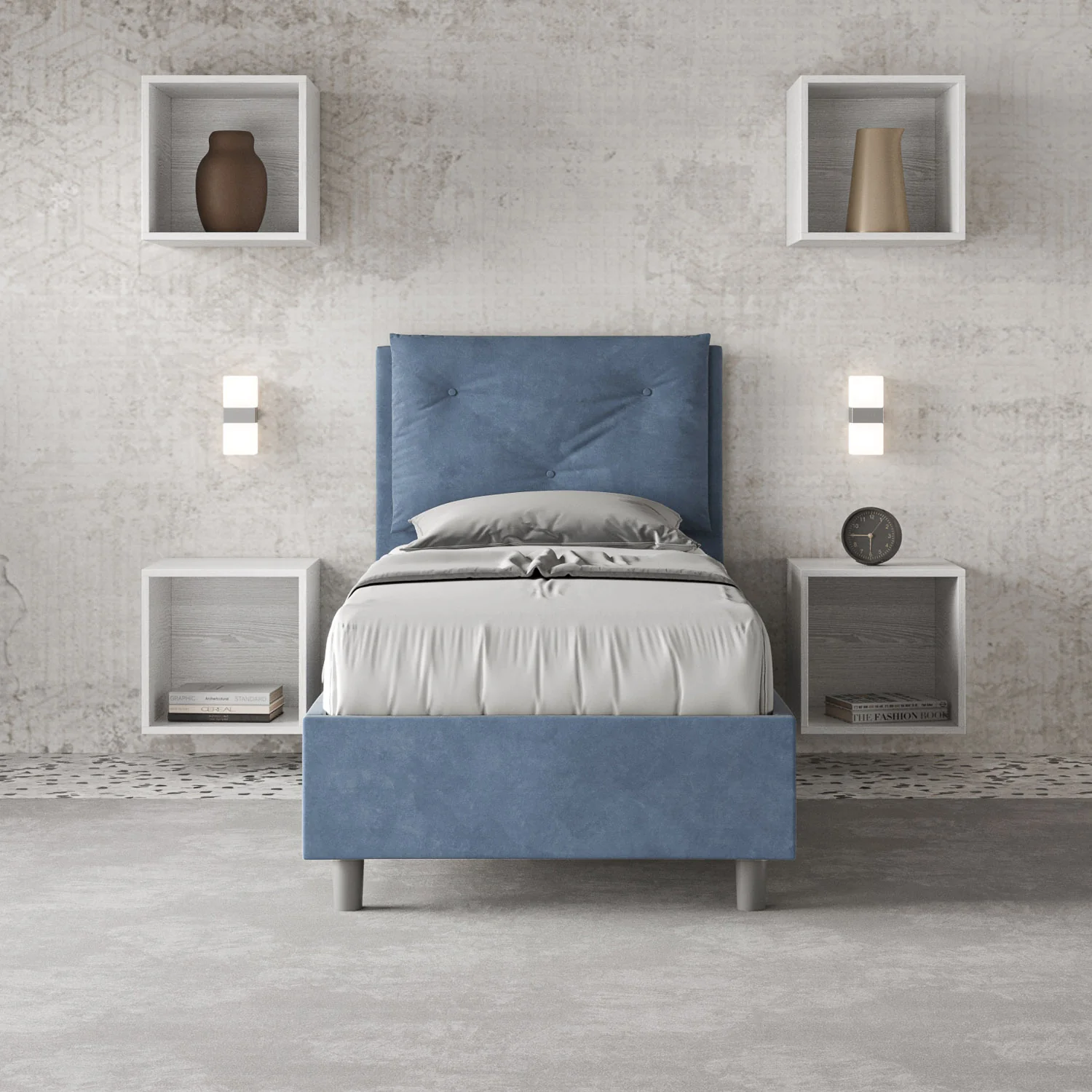 Letto singolo imbottito 80x190 microfibra Appia senza rete, con rete e contenitore - Image 9