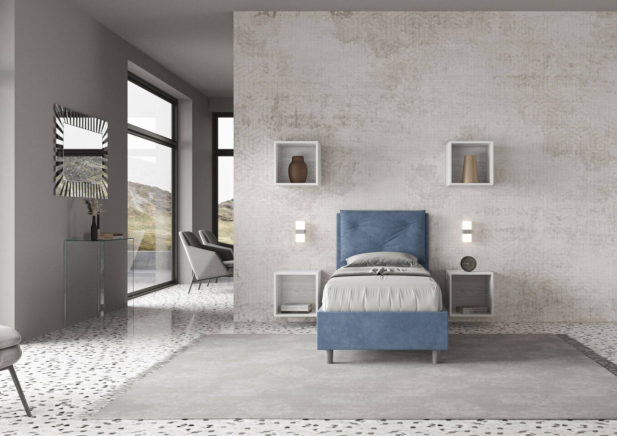 Letto singolo imbottito 80x210 microfibra Appia senza rete, con rete e contenitore - Image 10