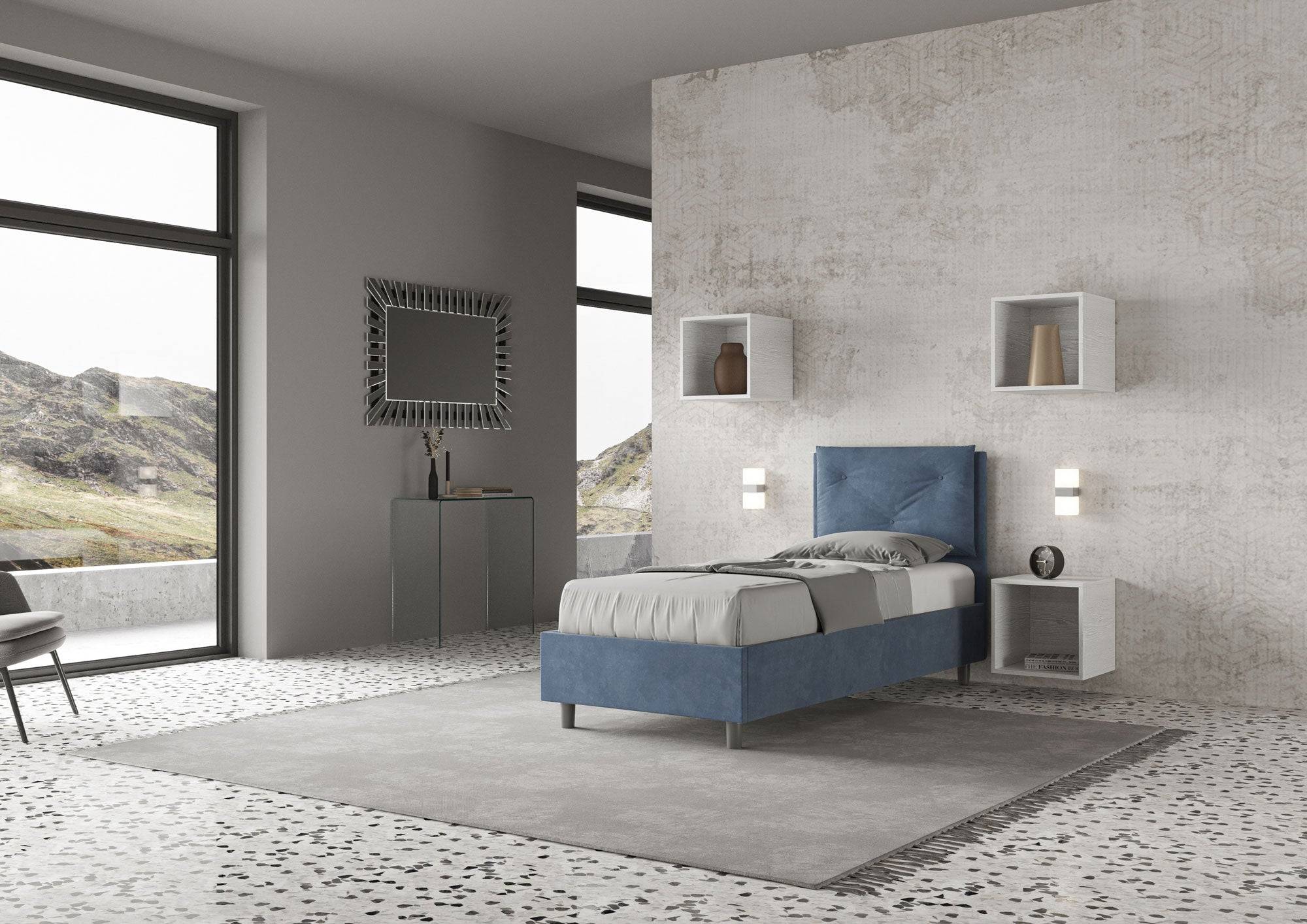 Letto singolo imbottito 80x210 microfibra Appia senza rete, con rete e contenitore - Image 11