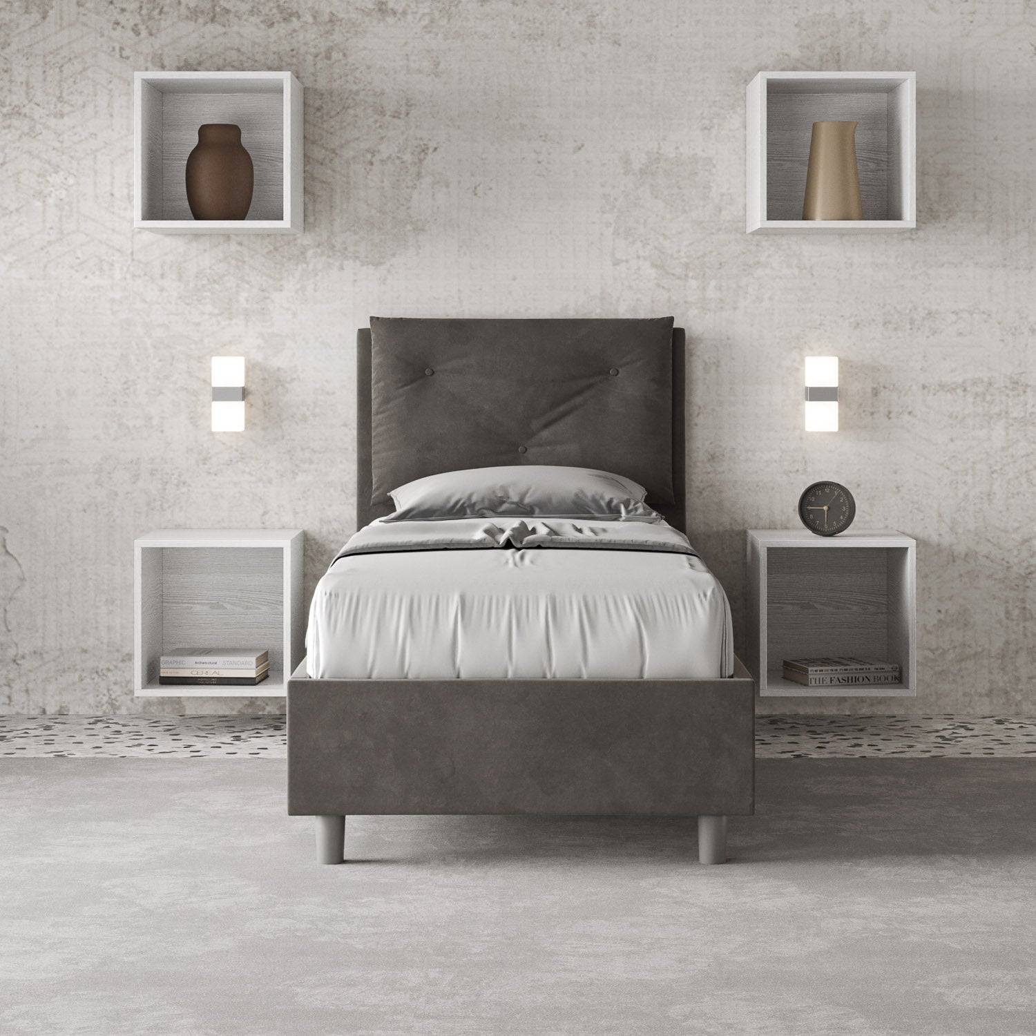 Letto singolo imbottito 80x210 microfibra Appia senza rete, con rete e contenitore - Image 18