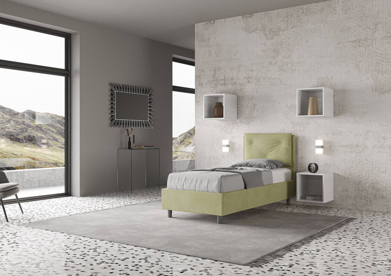 Letto singolo imbottito 80x210 microfibra Appia senza rete, con rete e contenitore - Image 7