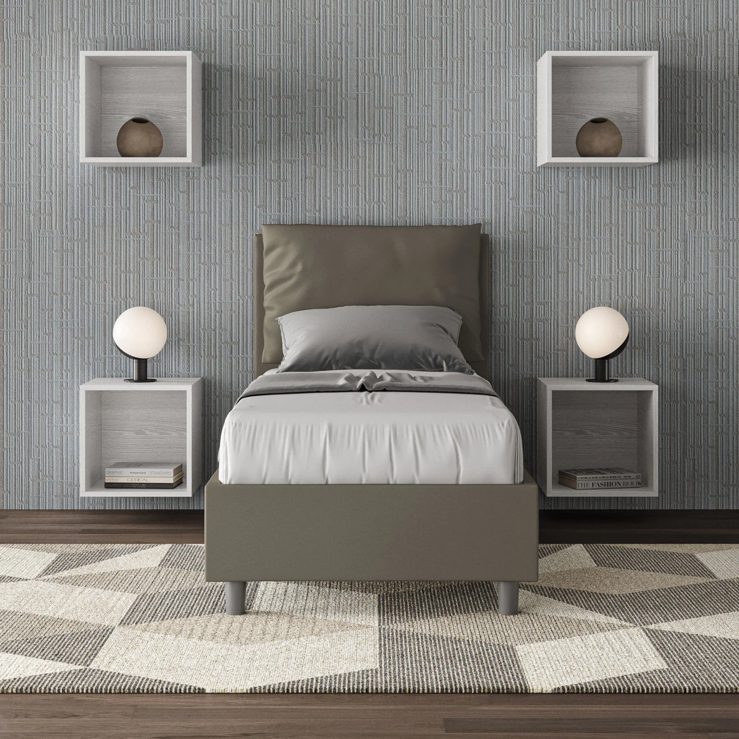 Letto singolo imbottito similpelle Antea senza rete, con rete e contenitore - Image 10