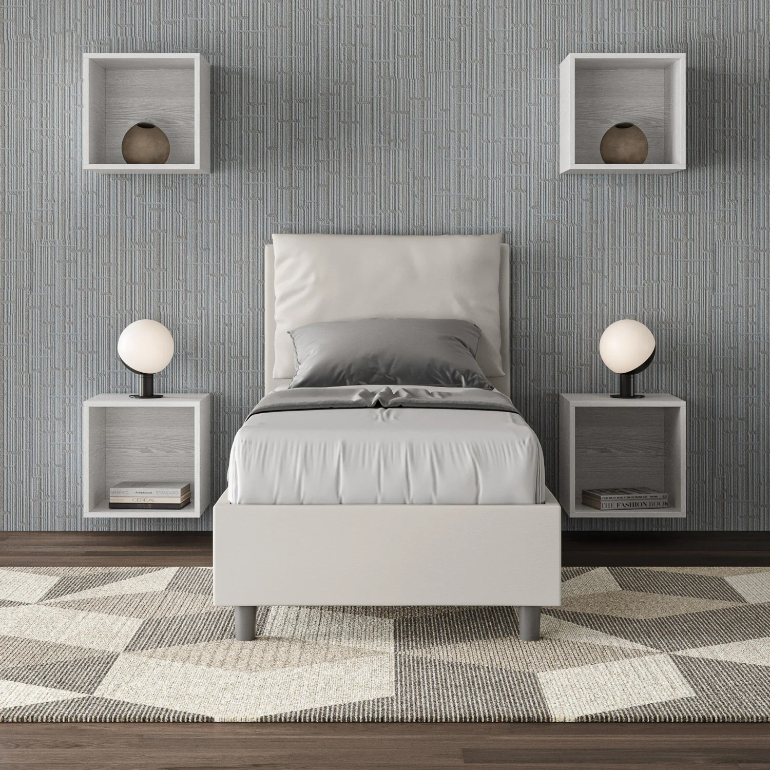 Letto singolo imbottito similpelle Antea senza rete, con rete e contenitore - Image 2