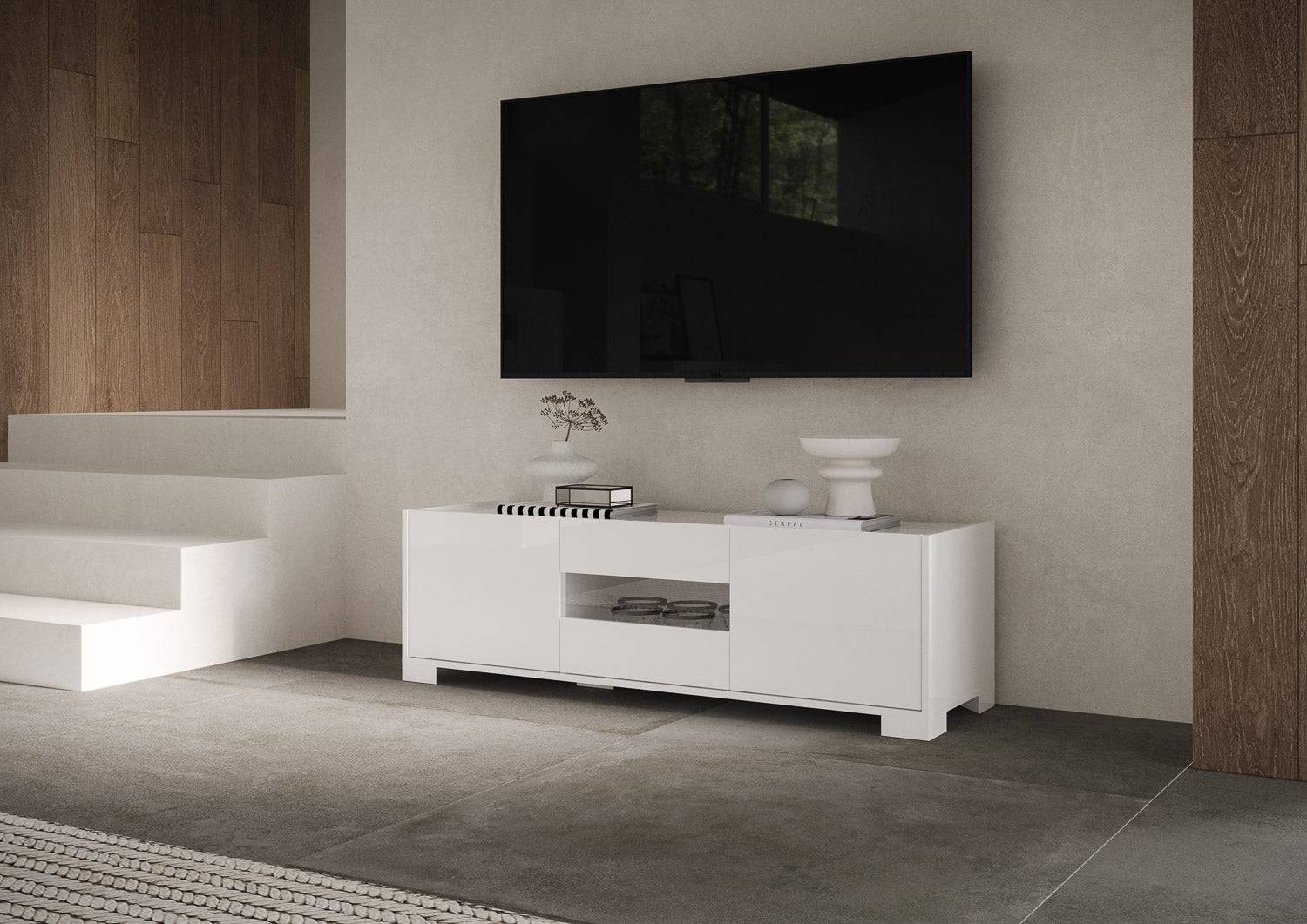 Madia e Credenza alta con Porta TV Riflesso bianco lucido e cashmere - Image 13