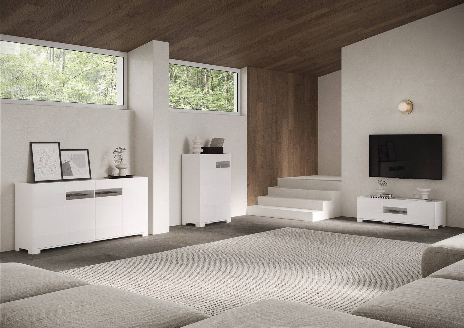 Madia e Credenza alta con Porta TV Riflesso bianco lucido e cashmere - Image 16