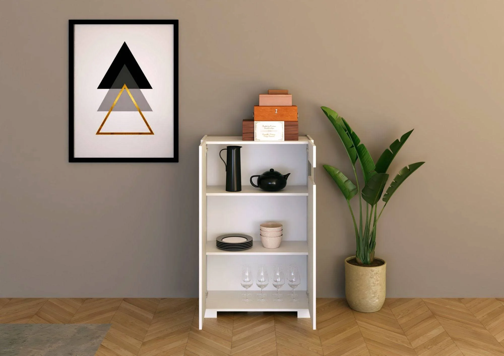Madia e Credenza alta con Porta TV Riflesso bianco lucido e cashmere - Image 24