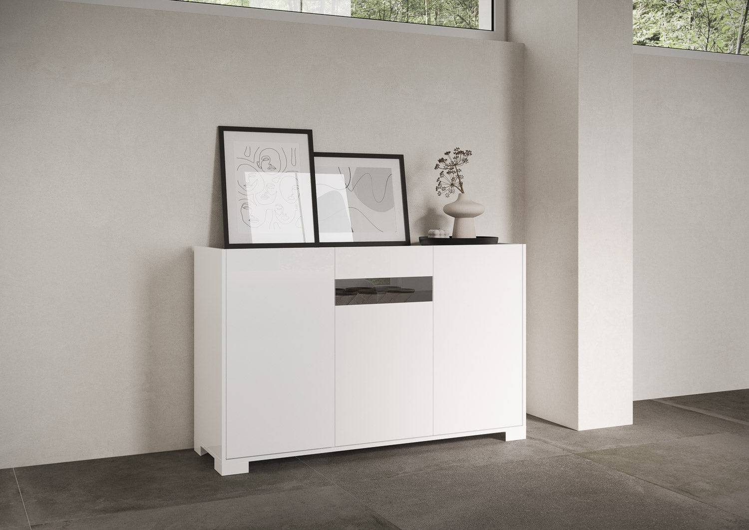 Madia e Credenza alta con Porta TV Riflesso bianco lucido e cashmere - Image 3