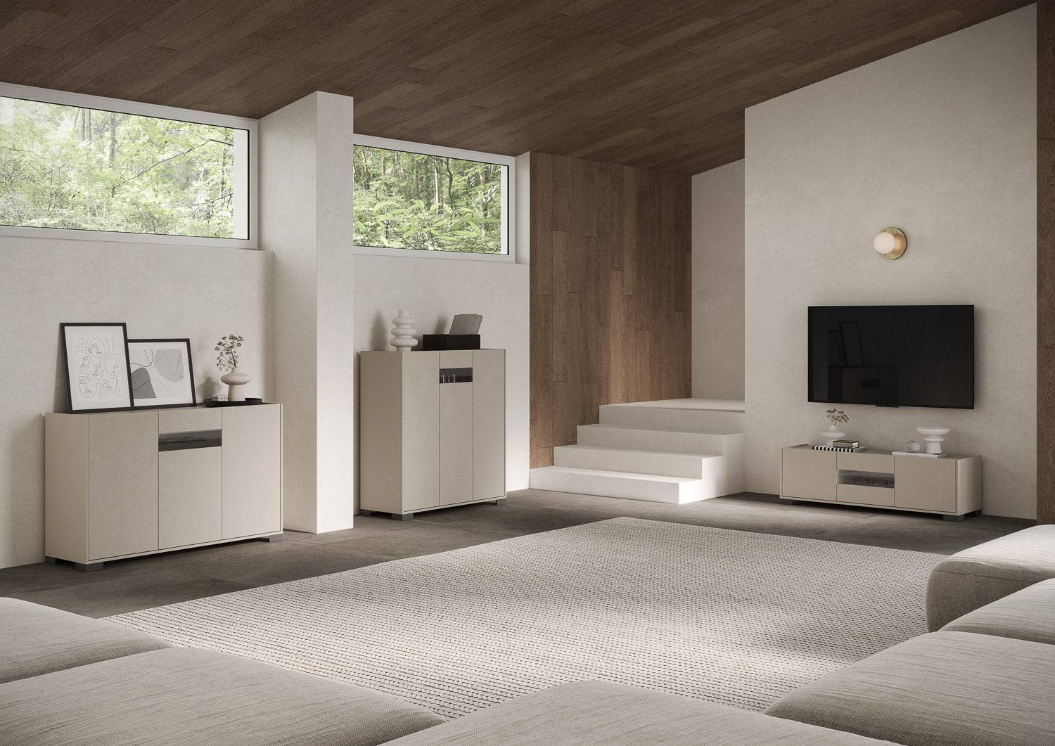 Madia e Credenza alta con Porta TV Riflesso bianco lucido e cashmere - Image 34