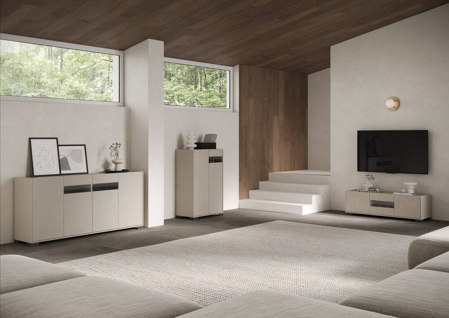 Madia e Credenza alta con Porta TV Riflesso bianco lucido e cashmere - Image 35