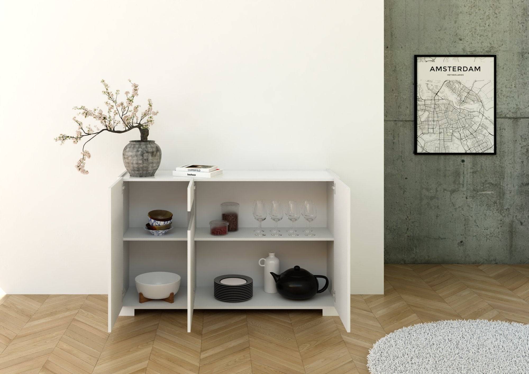 Madia e Credenza alta con Porta TV Riflesso bianco lucido e cashmere - Image 4