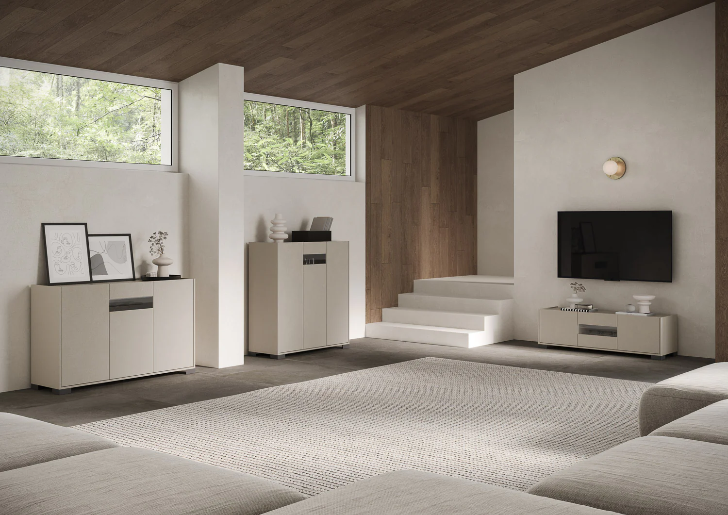 Madia e Credenza alta con Porta TV Riflesso bianco lucido e cashmere - Image 49