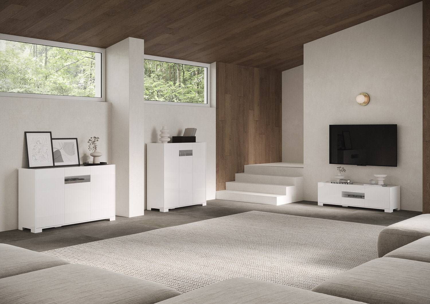 Madia e Credenza alta con Porta TV Riflesso bianco lucido e cashmere - Image 5