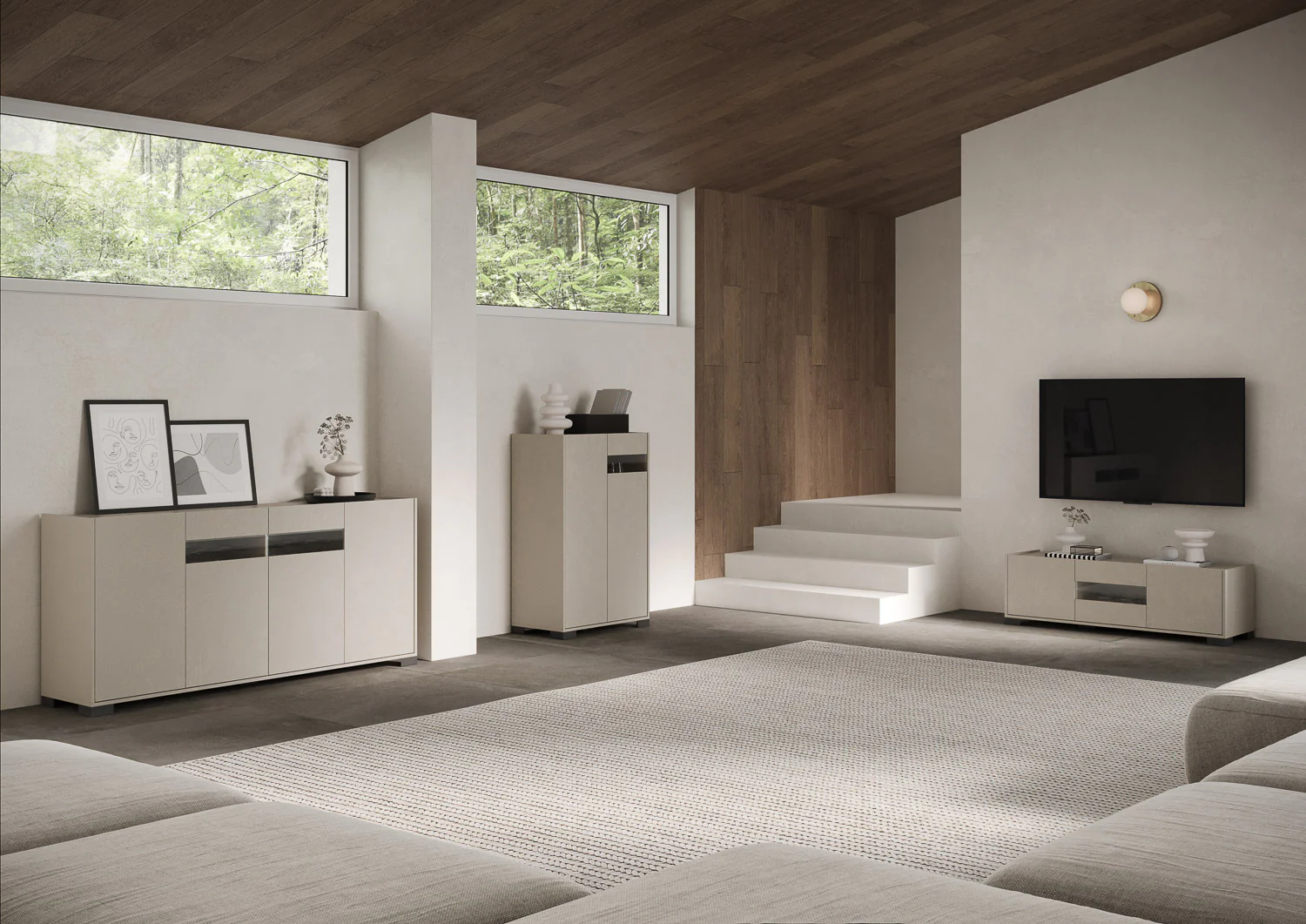 Madia e Credenza alta con Porta TV Riflesso bianco lucido e cashmere - Image 50
