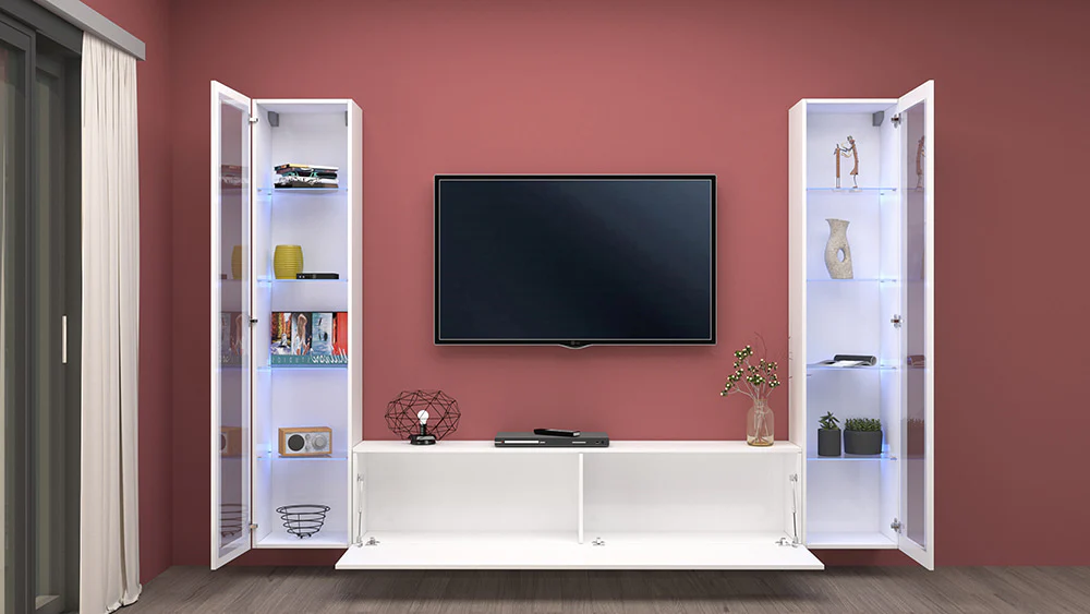 Soggiorno MARUSKA Parete Attrezzata 260 cm, Vetrine in Vetro e Porta TV Bianco Lucido - Image 2