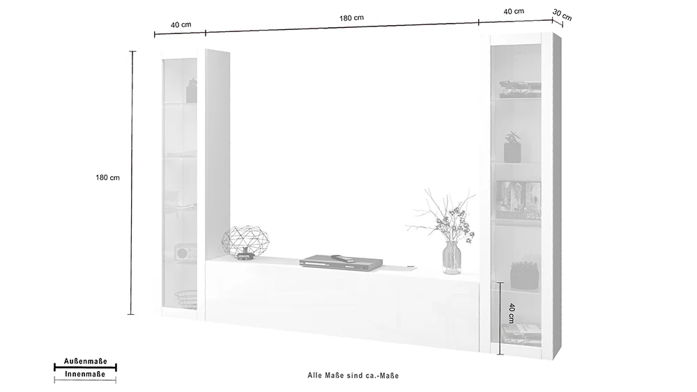 Soggiorno MARUSKA Parete Attrezzata 260 cm, Vetrine in Vetro e Porta TV Bianco Lucido - Image 3