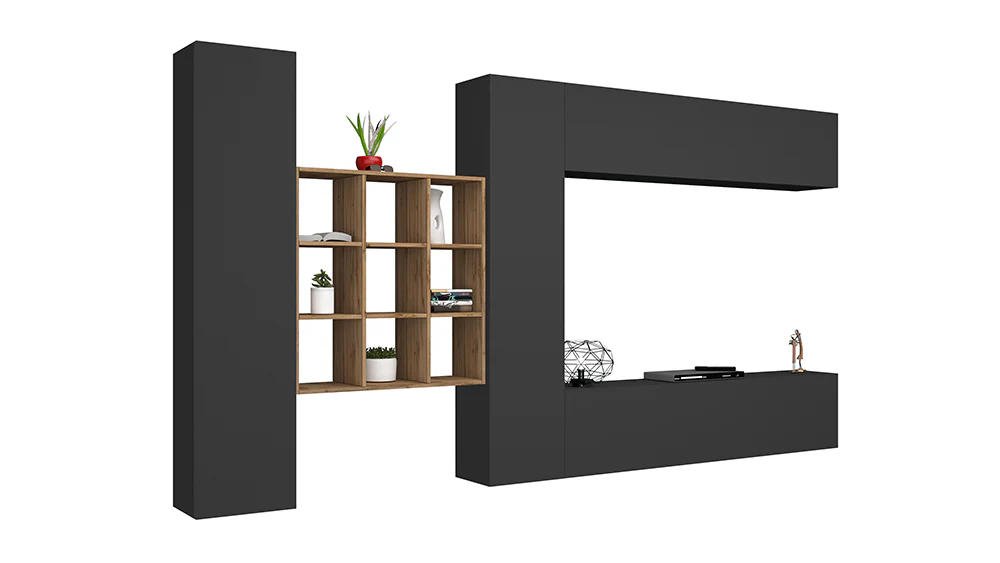 Soggiorno MARUSKA Parete Attrezzata 350 cm, Bianco Lucido/Antracite, Libreria Rovere Wotan