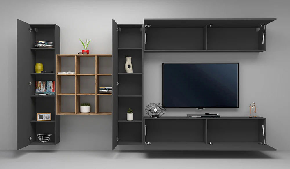 Soggiorno MARUSKA Parete Attrezzata 350 cm, Bianco Lucido/Antracite, Libreria Rovere Wotan - Image 2